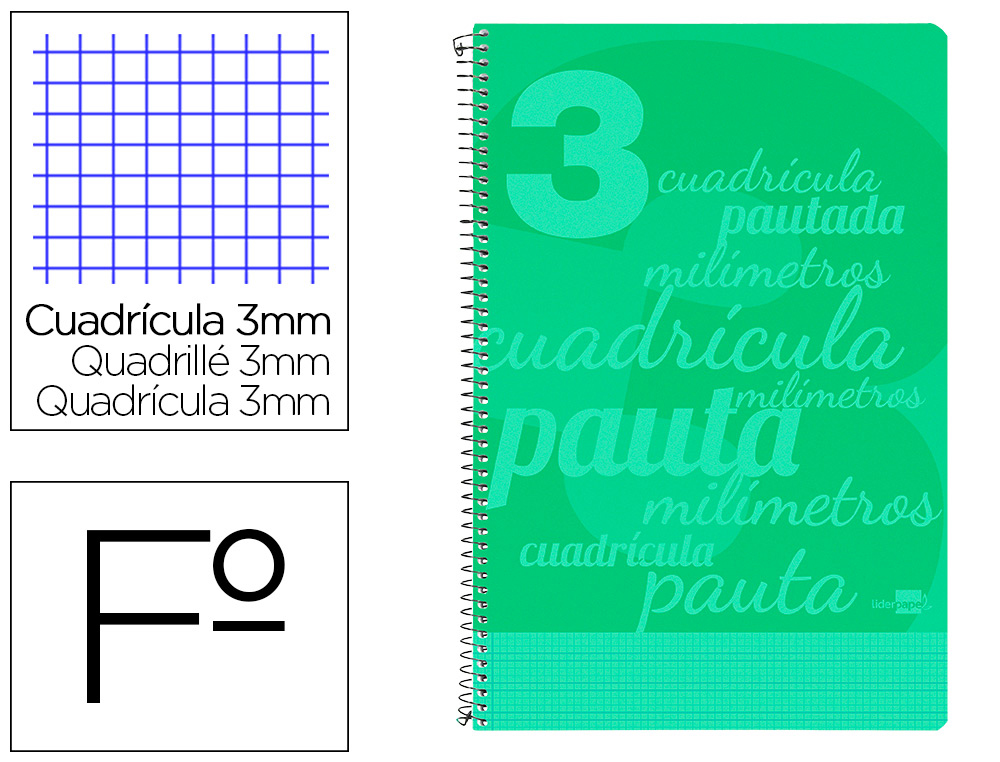 CUADERNO ESPIRAL LIDERPAPEL FOLIO PAUTAGUIA TAPA PLASTICO 80H 75GR CUADRO PAUTADO 3MM CON MARGEN COLOR VERDE