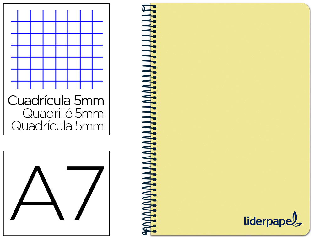 CUADERNO ESPIRAL LIDERPAPEL A7 MICRO WONDER TAPA PLASTICO 100H 90GR CUADRO 5MM 4 BANDAS COLOR AMARILLO