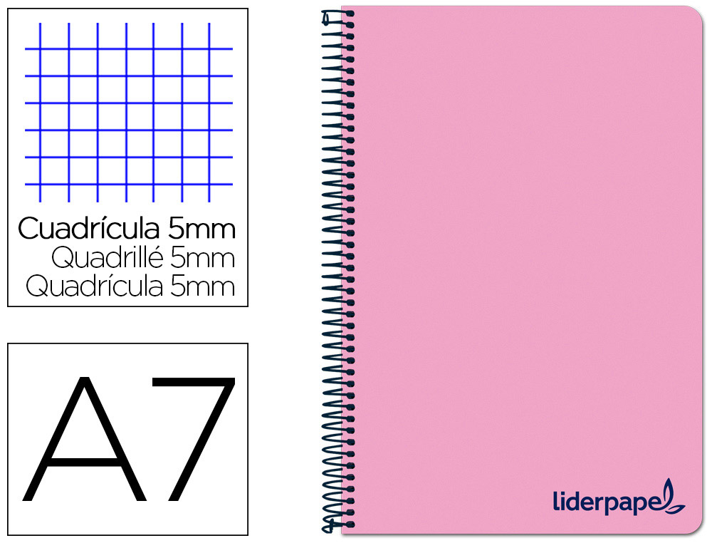 CUADERNO ESPIRAL LIDERPAPEL A7 MICRO WONDER TAPA PLASTICO 100H 90GR CUADRO 5MM 4 BANDAS COLOR ROSA