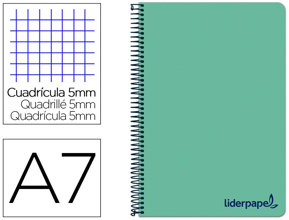 CUADERNO ESPIRAL LIDERPAPEL A7 MICRO WONDER TAPA PLASTICO 100H 90GR CUADRO 5MM 4 BANDAS COLOR VERDE PASTEL TURQUESA