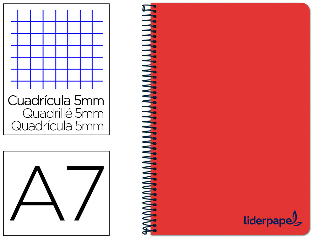 CUADERNO ESPIRAL LIDERPAPEL A7 MICRO WONDER TAPA PLASTICO 100H 90GR CUADRO 5MM 4 BANDAS COLOR ROJO