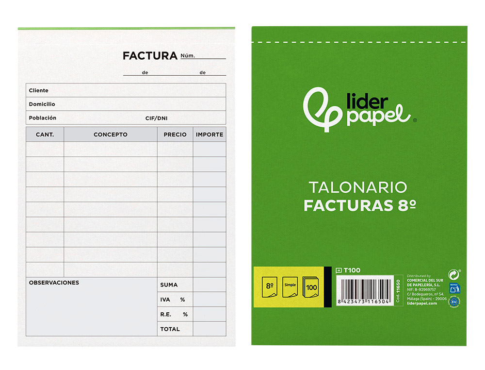 TALONARIO LIDERPAPEL FACTURAS 8 ORIGINAL T100 CON I.V.A.