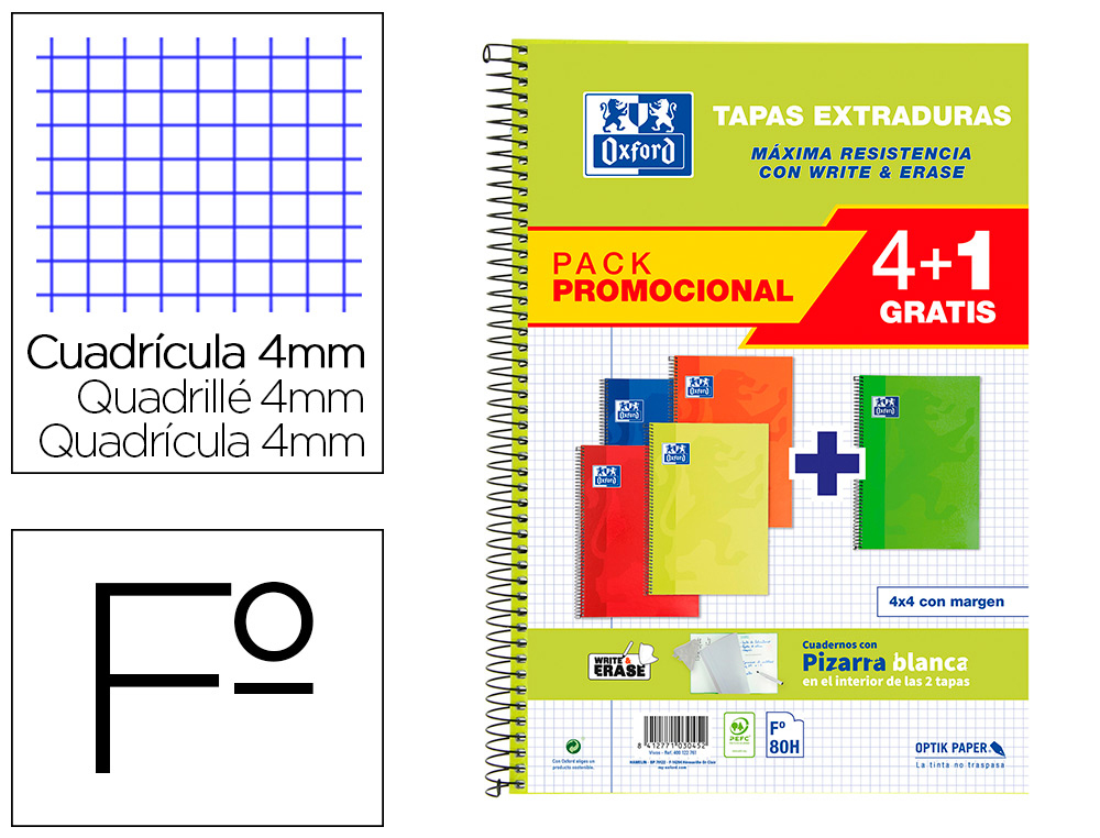 CUADERNO ESPIRAL OXFORD TAPA EXTRADURA FOLIO 80 HOJAS CUADRO 4 MM CON PIZARRA BLANCAPACK 4+1 COLORES CLASICOS