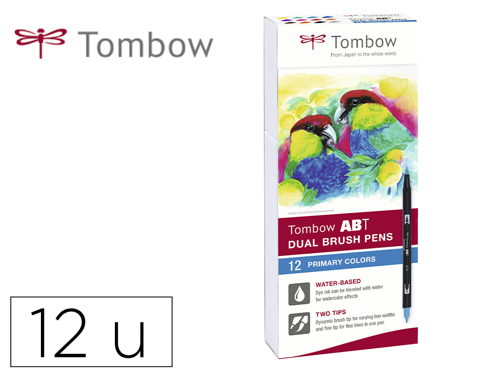 ROTULADOR TOMBOW ABT DUAL BRUSH ACUARELABLE DOBLE PUNTA FINA/PINCEL ESTUCHE DE 12 UNIDADES COLORES PRIMARIOS
