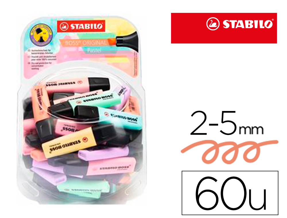 ROTULADOR STABILO BOSS FLUORESCENTE 70 PASTEL EXPOSITOR BOMBONERA DE 60 UNIDADES COLORES SURTIDOS