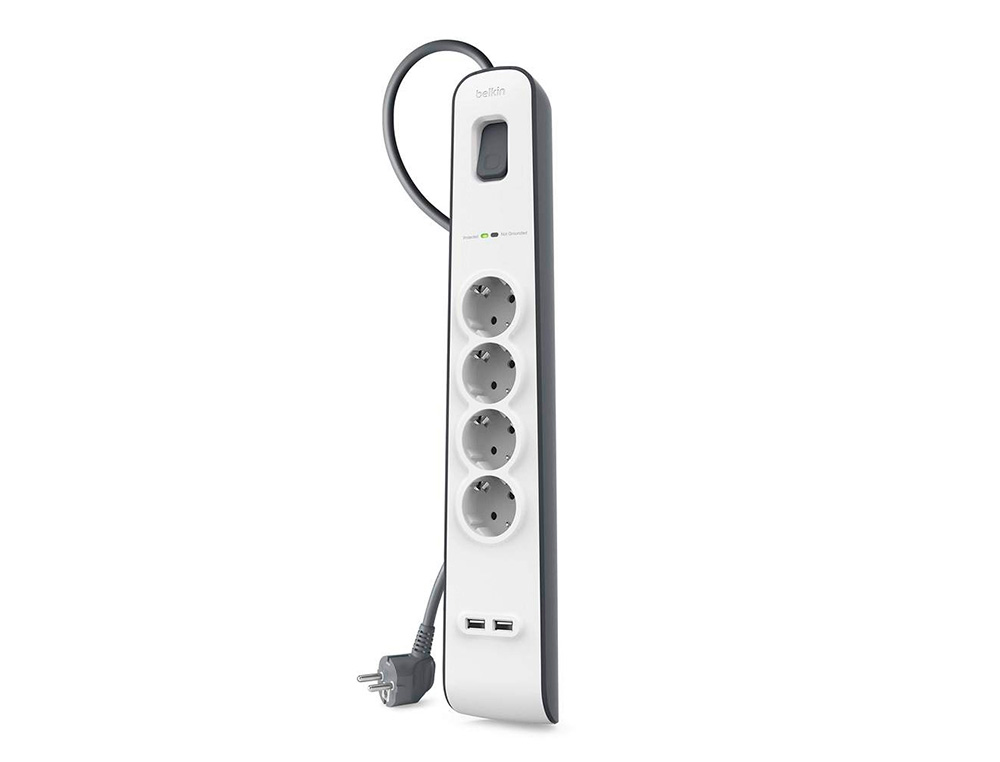 REGLETA BELKIN BSV401VF2M PROTECCION SOBRETENSION 4 TOMAS + 2 PUERTOS USB BOTON APAGADO Y ENCENDIDO COLOR