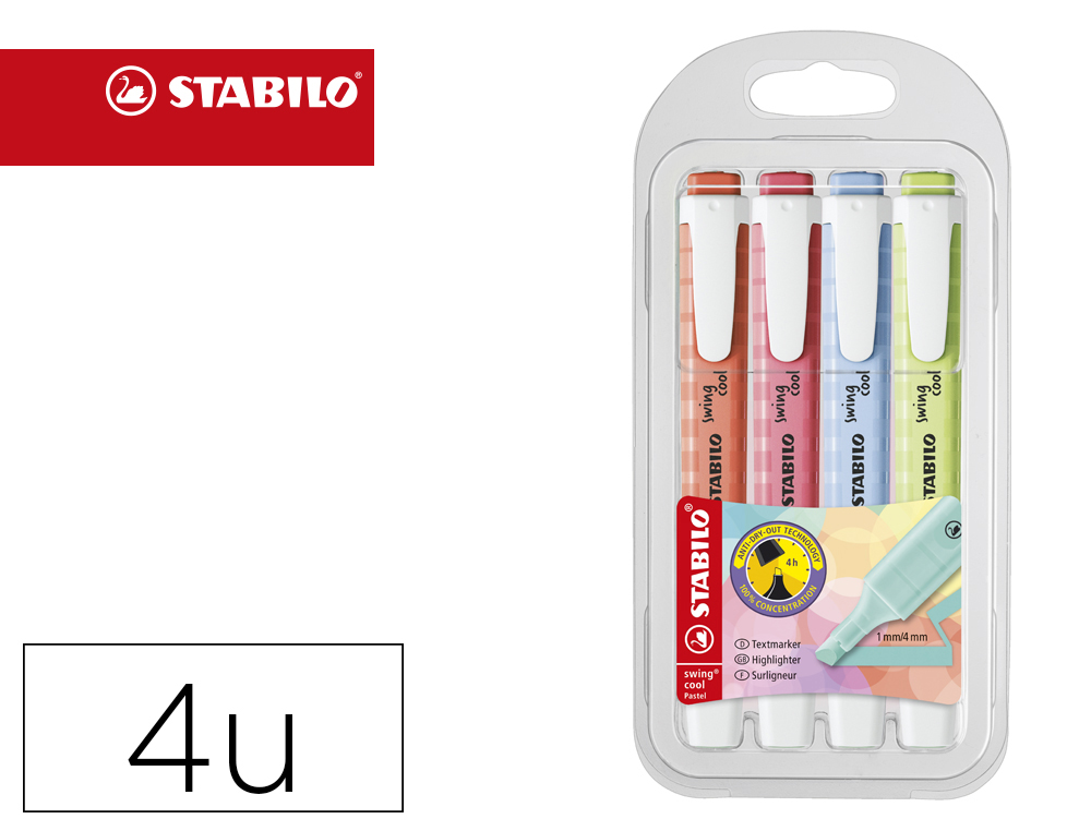 ROTULADOR STABILO FLUORESCENTE FINO SWING COOL PASTEL ESTUCHE DE 4 UNIDADES COLORES SURTIDOS