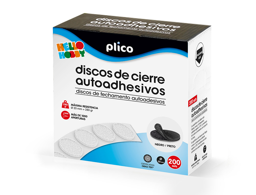 DISCO DE CIERRE PLICO VELCRO AUTOADHESIVO 20 MM DIAMETRO COLOR NEGRO CAJA DE 200 UNIDADES