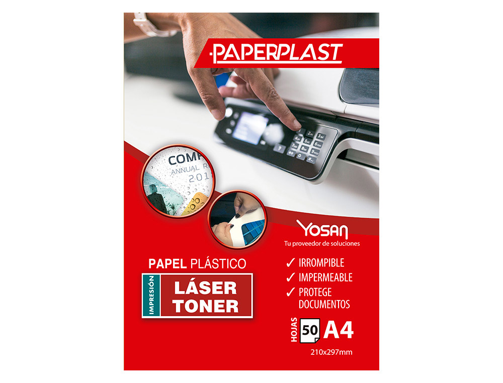 PAPEL PLASTICO YOSAN PAPERPLAST POLIESTER BLANCO BRILLO DIN A4 250 MC IMPRIMIBLE PAQUETE DE 50 HOJAS