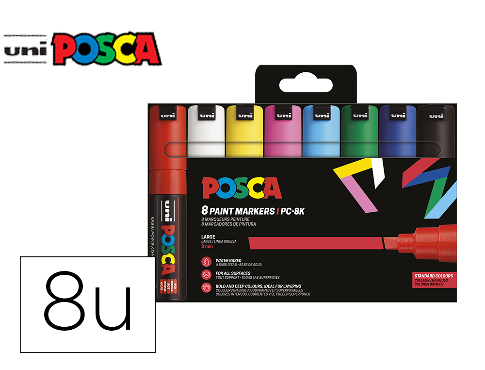 ROTULADOR UNI POSCA PC-8K/8C MARCADOR DE PINTURA PUNTA BISELADA 8 MM ESTUCHE DE 8 UNIDADES COLORES BASICOS