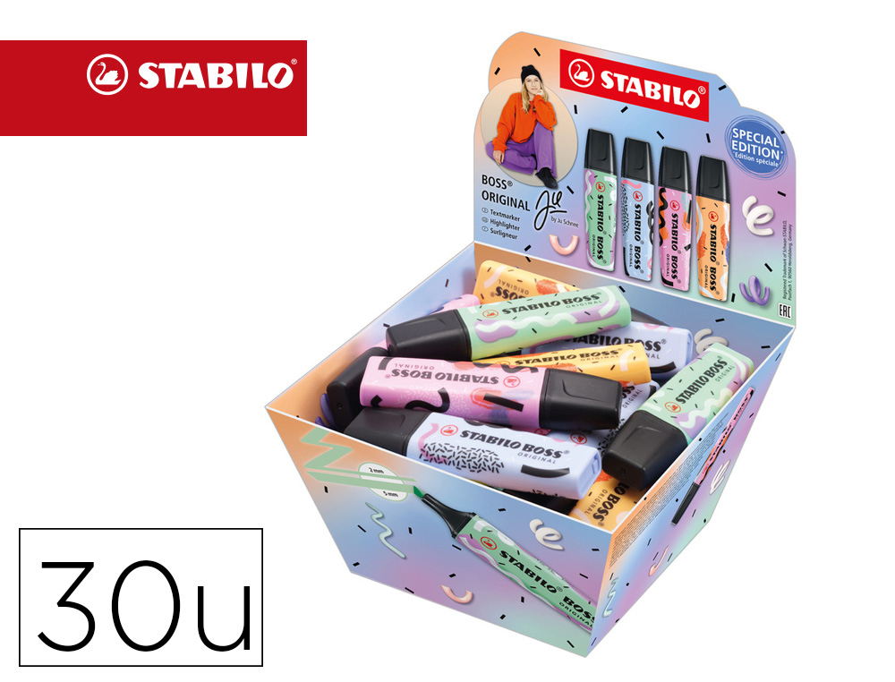 ROTULADOR STABILO BOSS FLUORESCENTE ORIGINAL PASTEL BY JU SCHNEE EXPOSITOR DE 30 UNIDADES COLORES SURTIDOS