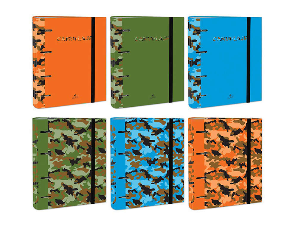 CARPETA DE 4 ANILLAS DE 40 MM MIXTAS CARTON FORRADO FOLIO COLORES SURTIDOS CAMUFLAJE 6 DISEOS