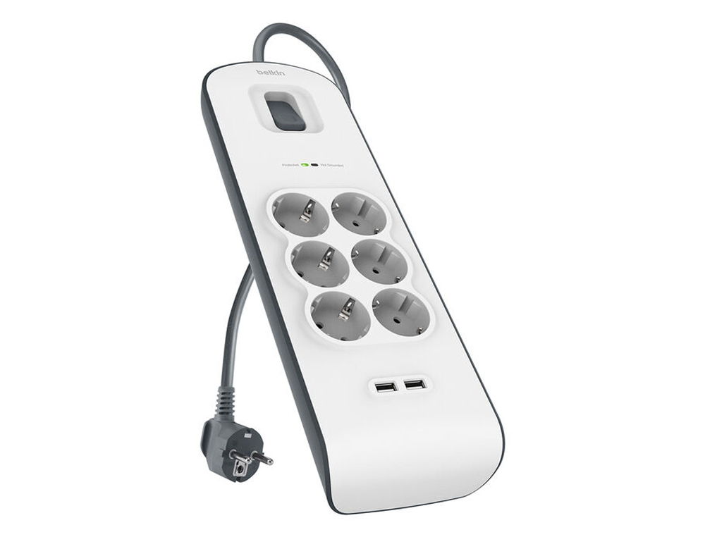 REGLETA BELKIN BSV604VF2M DE PROTECCION CONTRA SOBRETENSIONES 6 TOMAS + 2 PUERTOS USB (2,4 A) BOTON DE