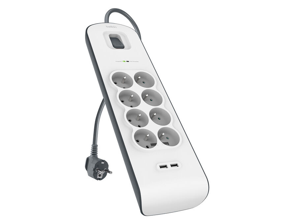 REGLETA BELKIN BSV804VF2M DE PROTECCION CONTRA SOBRETENSIONES 8 TOMAS + 2 PUERTOS USB (2,4 A) BOTON DE