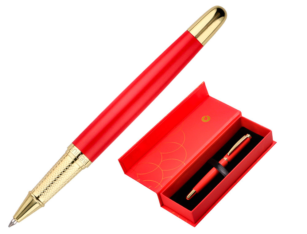BOLIGRAFO BELIUS PASSION DOR ALUMINIO TEXTURA CEPILLADA COLOR ROJO Y DORADO TINTA AZUL CAJA DE DISEO