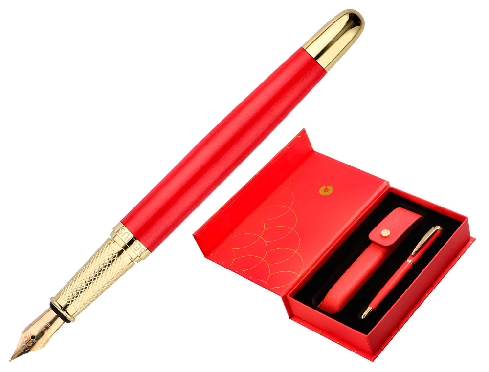 PLUMA Y ESTUCHE CUERO BELIUS PASSION DOR ALUMINIO TEXTURA CEPILLADA COLOR ROJO Y DORADO TINTA AZUL CAJA DE DISEO