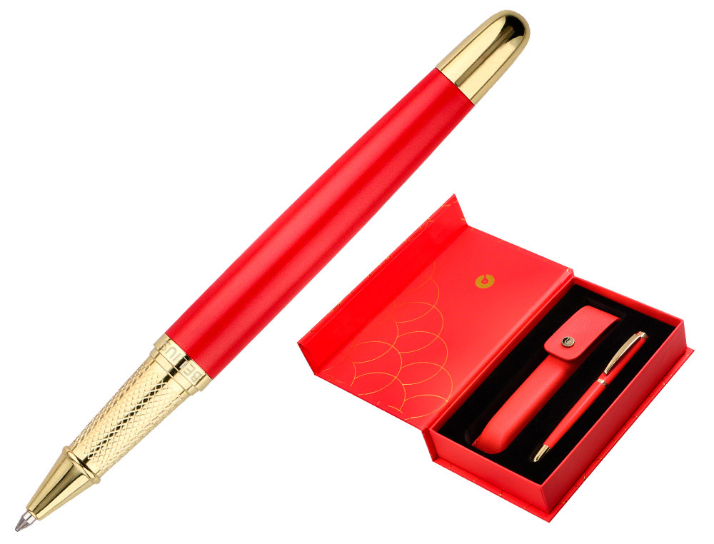 BOLIGRAFO Y ESTUCHE BELIUS PASSION DOR ALUMINIO TEXTURA CEPILLADA COLOR ROJO Y DORADO TINTA AZUL CAJA DE DISEÑO