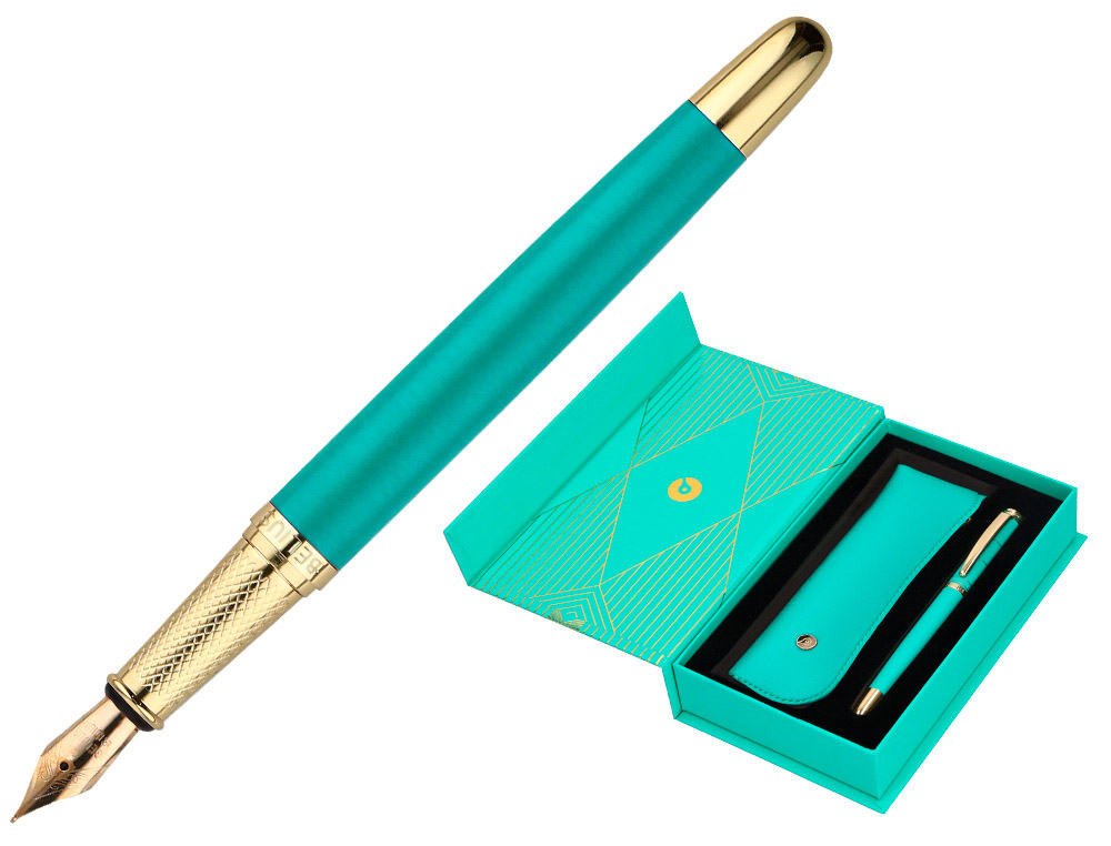 PLUMA Y ESTUCHE BELIUS SOIREE COLOR ART DECO TURQUESA DORADO TINTA AZUL CAJA DE DISEO