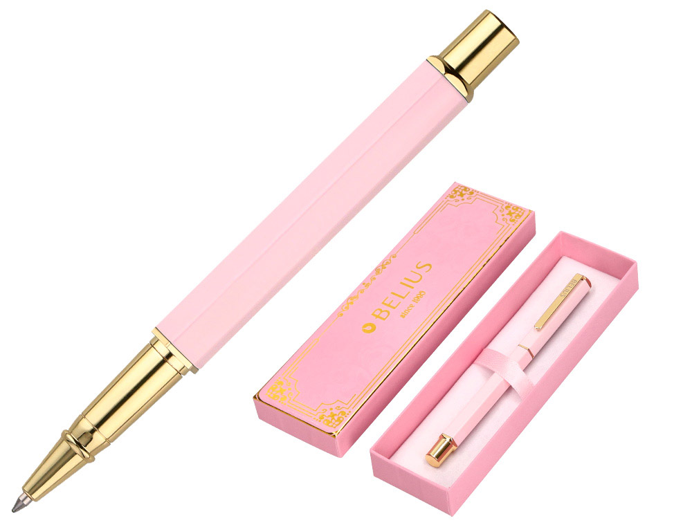 BOLIGRAFO BELIUS MACARON BLISS FORMA HEXAGONAL COLOR ROSA Y DORADO TINTA AZUL CAJA DE DISEO