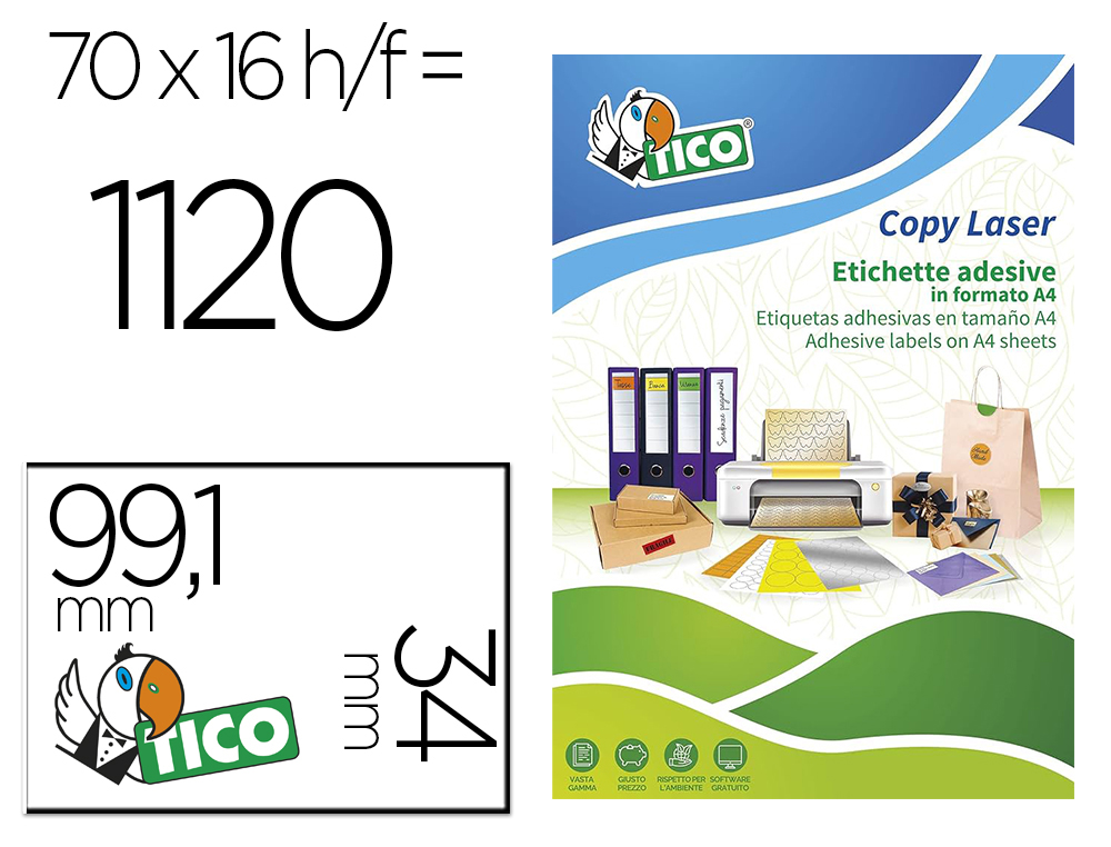 ETIQUETA ADHESIVA TICO ROJO FL UORESCENTES PERMANENTE FSC LASER/INKJET/FOTOCOPIA 99,1X34 MMCAJA DE 1120 UNIDADES