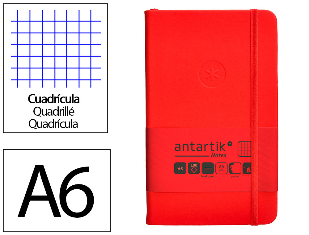 CUADERNO CON GOMILLA ANTARTIK NOTES TAPA DURA A6 HOJAS CUADRICULA ROJO 100 HOJAS 80 GR FSC