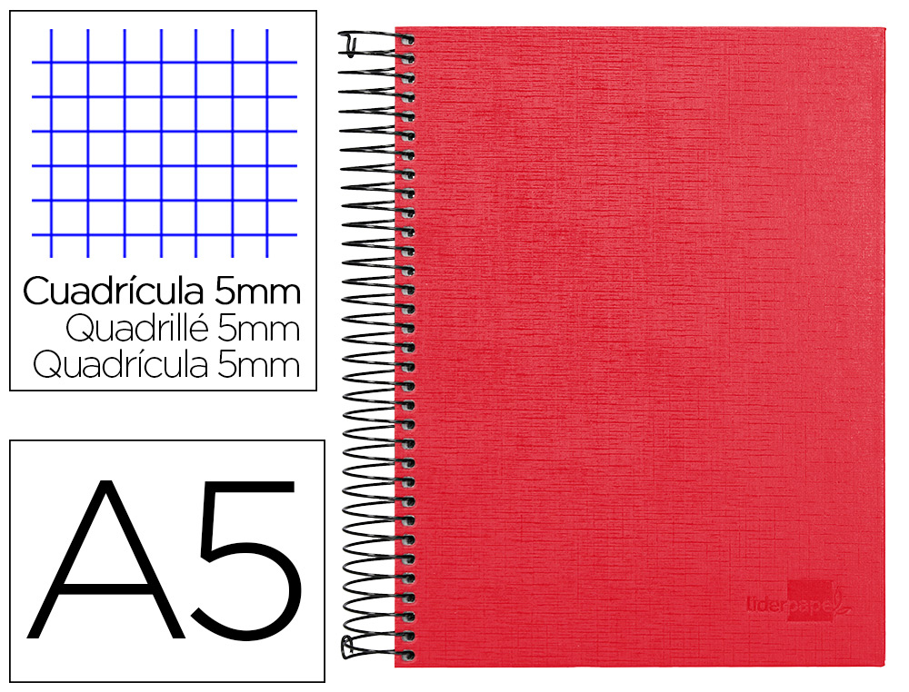 CUADERNO ESPIRAL LIDERPAPEL A5 MICRO PAPERCOAT TAPA FORRADA 140H 75GR CUADRO5MM 5 BANDA S 6 TALADROS ROJO