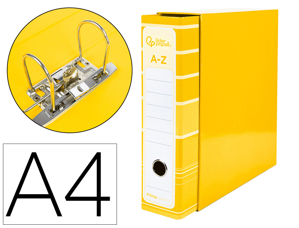 ARCHIVADOR DE PALANCA LIDERPAPEL A4 FILING SYSTEM FORRADO SIN RADO LOMO 80MM AMARILLO CON CAJA Y COMPRESOR METAL
