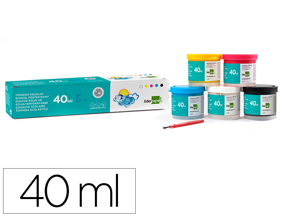 TEMPERA LIDERPAPEL ESCOLAR 40 ML CAJA 5 COLORES SURTIDOS + PINCEL