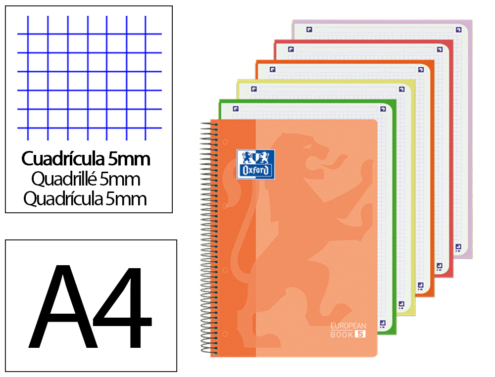 BLOC ESPIRAL OXFORD TAPA PLASTICO OPTIK PAPER MICROPERFORADO DIN A4+ 120H CUADRO 5 MM COLORES SURTIDOS