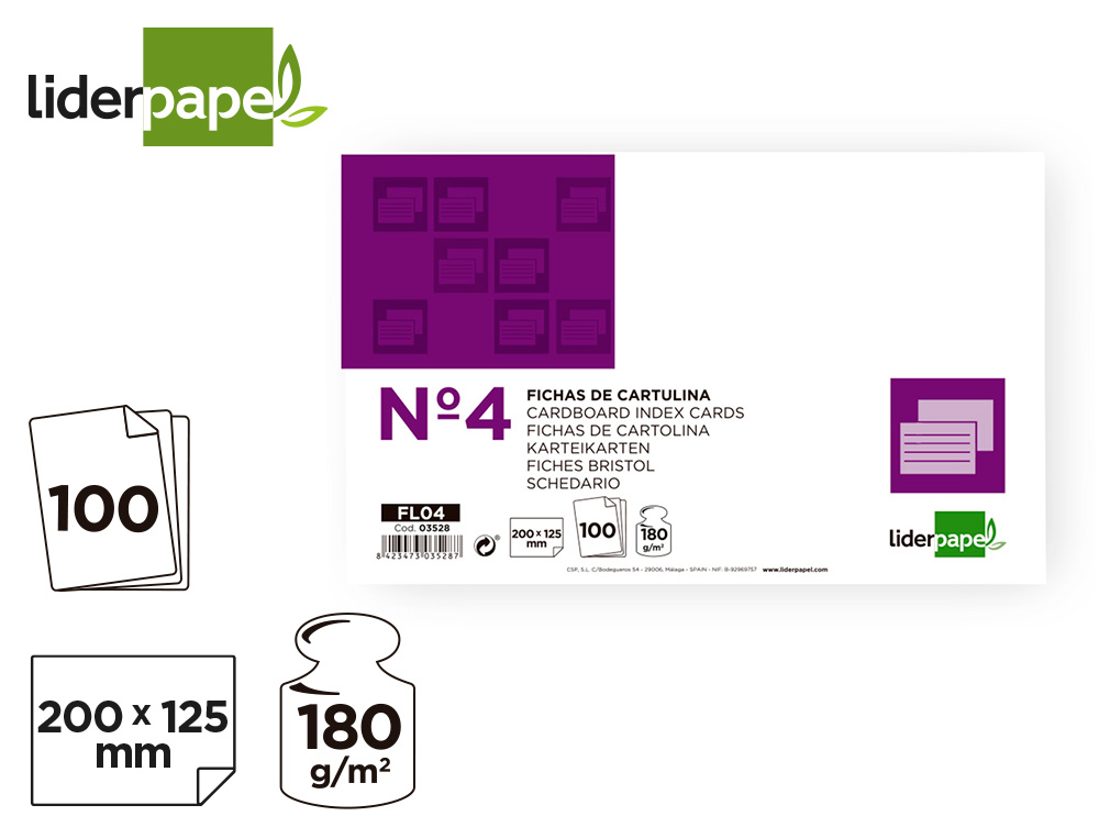 FICHA LIDERPAPEL LISA Nº4 125X200MM 180GR PAQUETE DE 100 UNIDADES