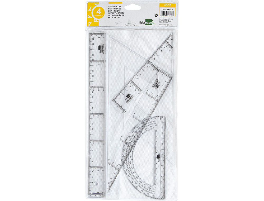 JUEGO ESCUADRA Y CARTABON 25CM REGLA 30CM Y SEMICIRCULO 15CM LIDERPAPEL EN PETACA INCOLORA