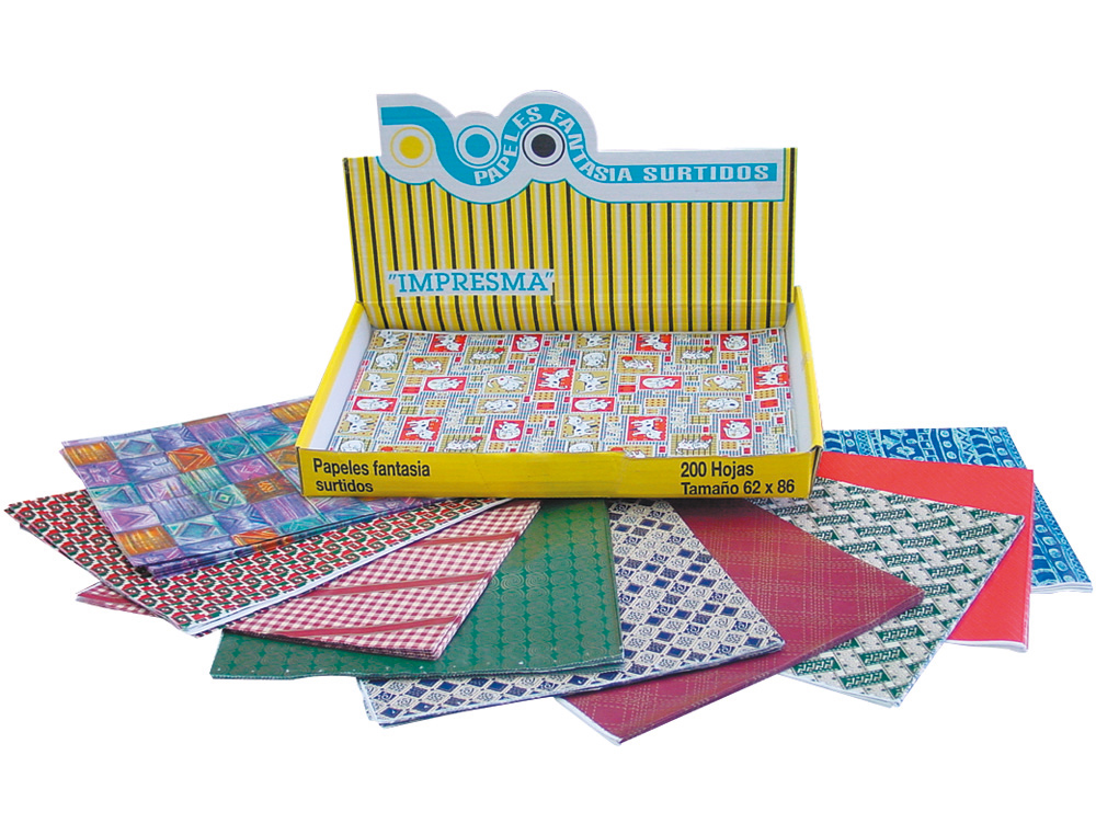 PAPEL DE REGALO IMPRESMA 62X86 CM CAJA DE 200 HOJAS DISEOS SURTIDOS GRAMAJE 40G/M2