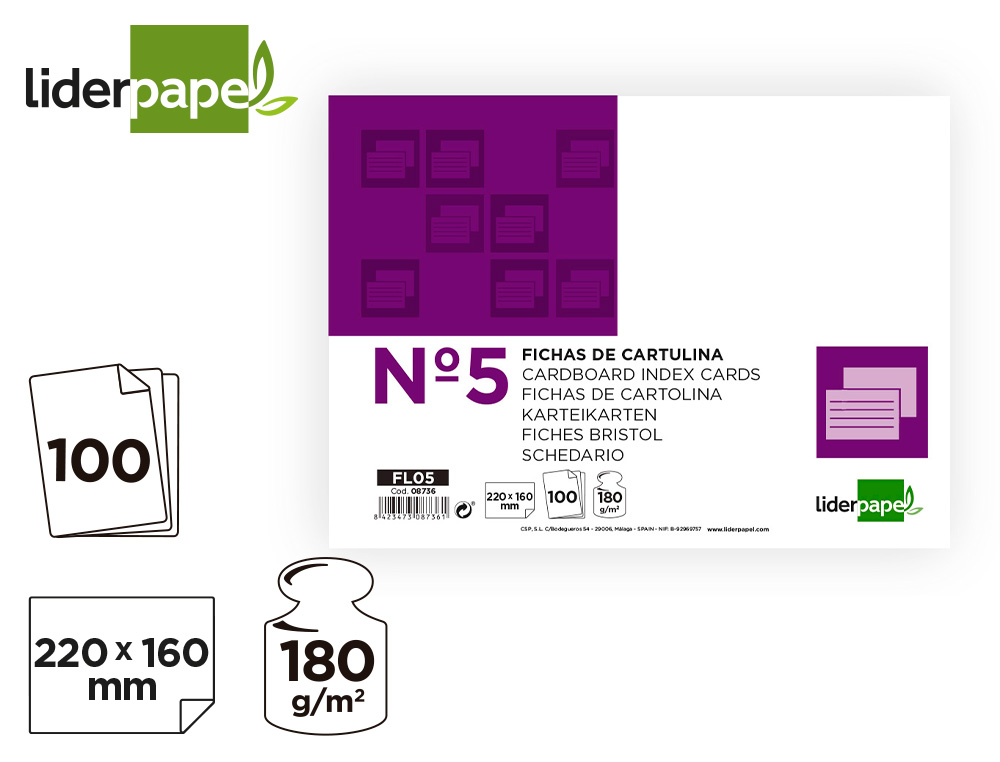 FICHA LIDERPAPEL LISA N5 160X220MM 180GR PAQUETE DE 100 UNIDADES