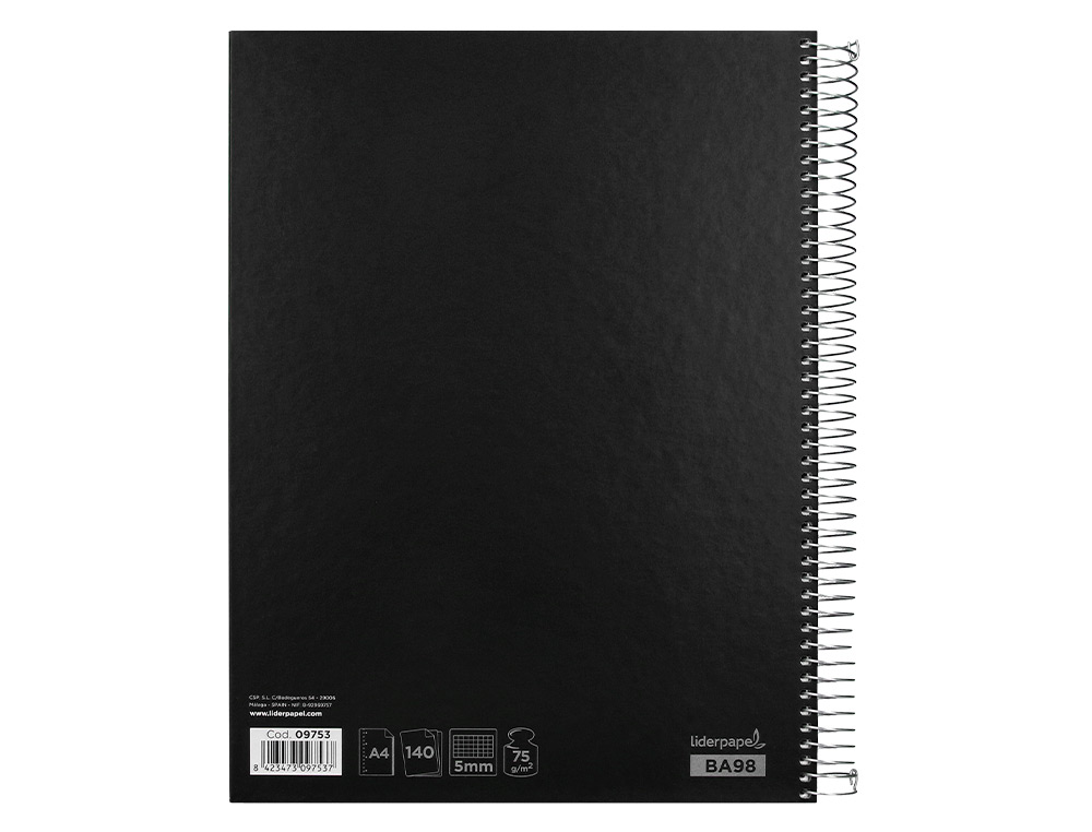 CUADERNO ESPIRAL LIDERPAPEL A4 MICRO JOLLY TAPA FORRADA 140H 75GR CUADRO 5MM 5 BANDAS 4 TALADROS COLOR NEGRO