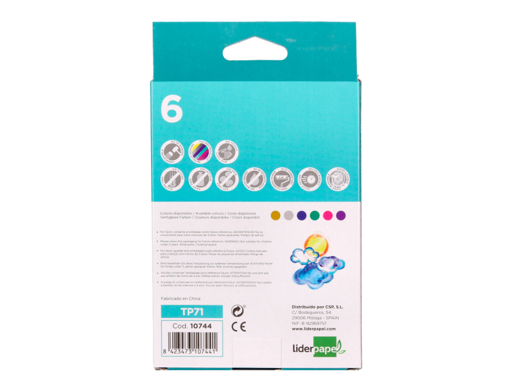 TEMPERA SOLIDA EN BARRA LIDERPAPEL ESCOLAR 10 GR CAJA DE 6 COLORES SURTIDOS