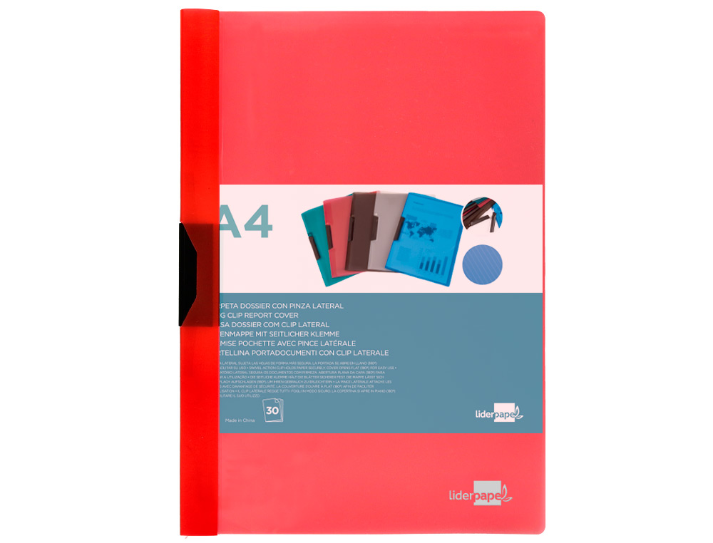 CARPETA LIDERPAPEL DOSSIER PINZA LATERAL POLIPROPILENO DIN A4 ROJO TRANSLUCIDO 30 HOJAS PINZA DESLIZANTE
