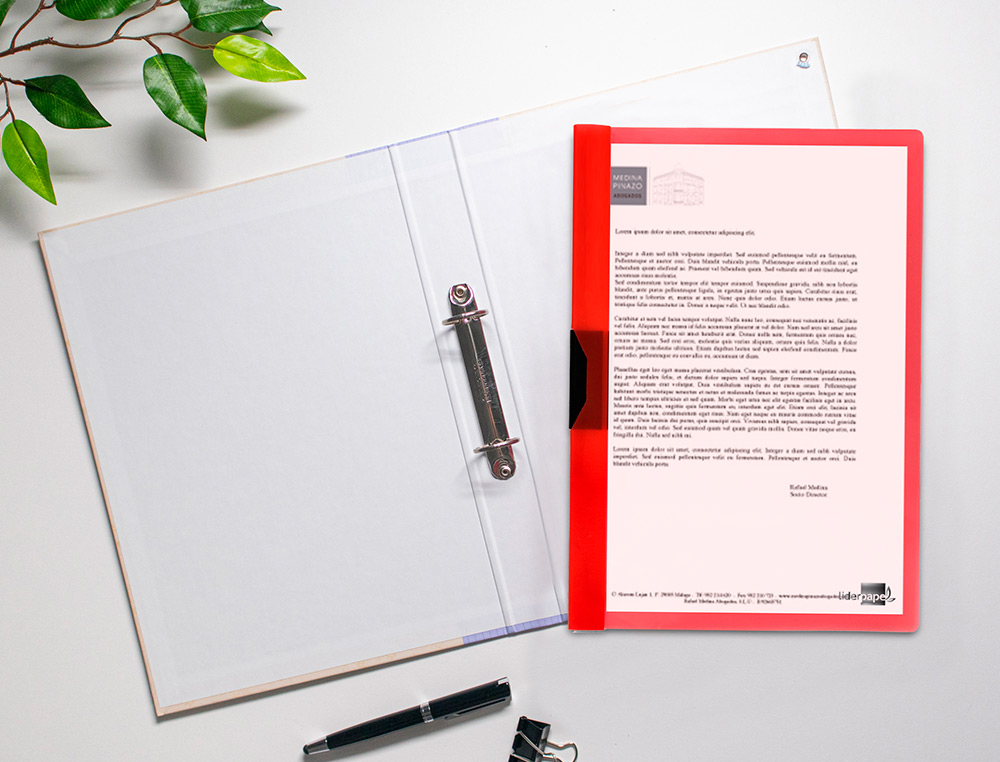 CARPETA LIDERPAPEL DOSSIER PINZA LATERAL POLIPROPILENO DIN A4 ROJO TRANSLUCIDO 30 HOJAS PINZA DESLIZANTE