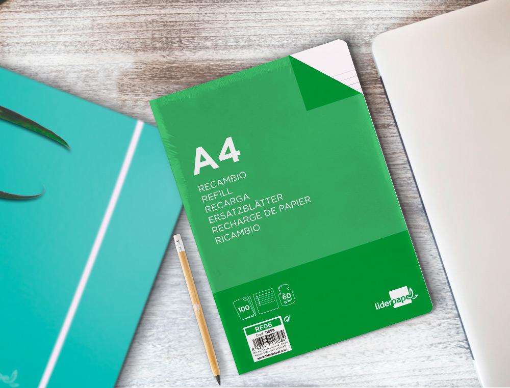 RECAMBIO LIDERPAPEL A4 100 HOJAS 60G/M2 HORIZONTAL CON MARGEN 4 TALADROS