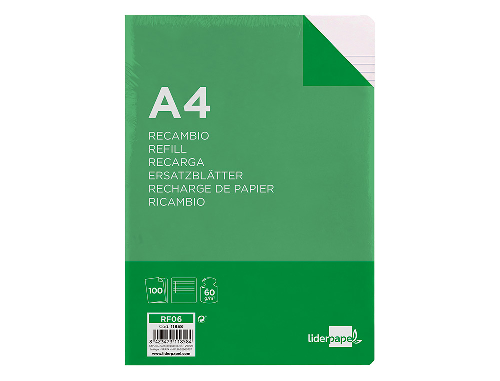 RECAMBIO LIDERPAPEL A4 100 HOJAS 60G/M2 HORIZONTAL CON MARGEN 4 TALADROS