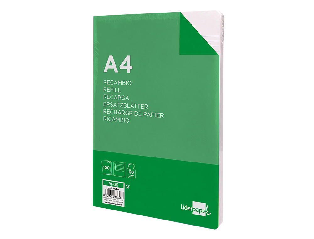RECAMBIO LIDERPAPEL A4 100 HOJAS 60G/M2 HORIZONTAL CON MARGEN 4 TALADROS