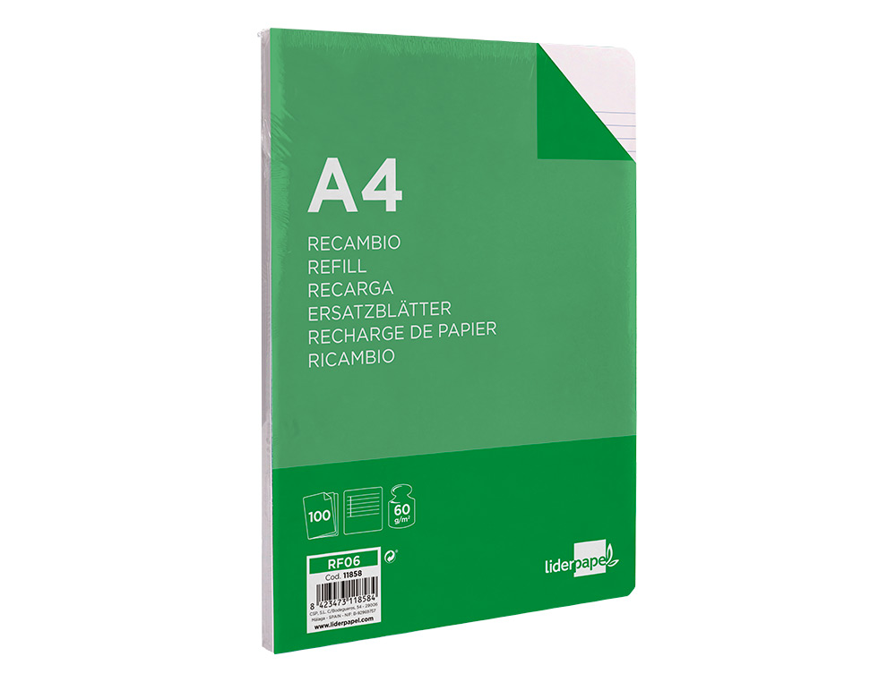 RECAMBIO LIDERPAPEL A4 100 HOJAS 60G/M2 HORIZONTAL CON MARGEN 4 TALADROS