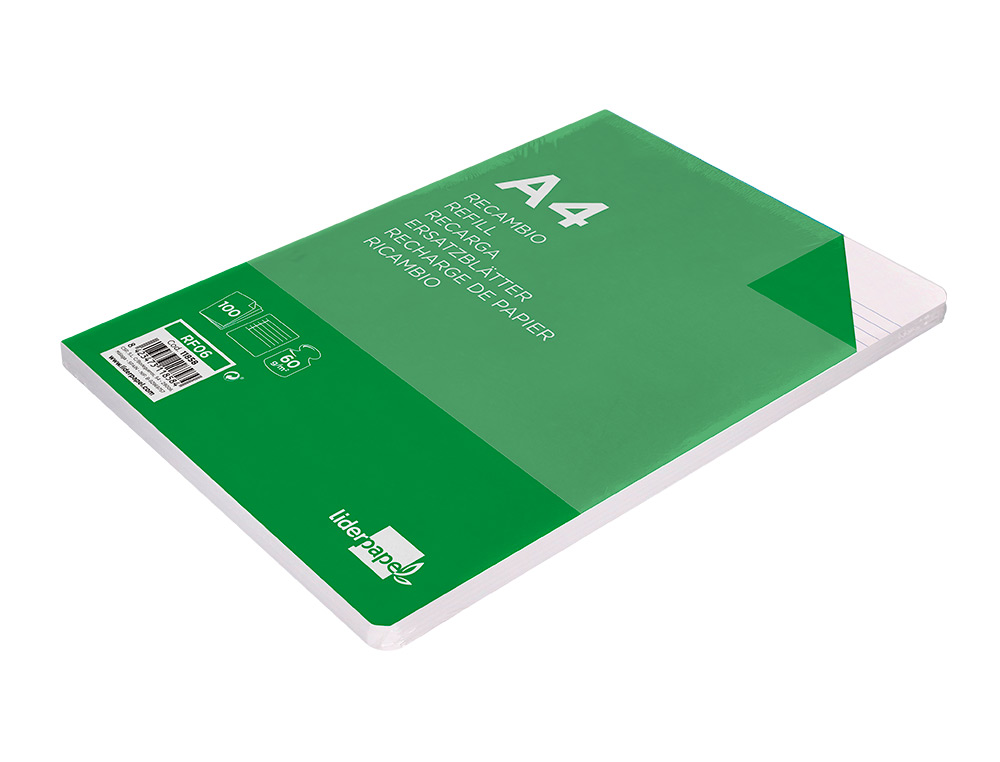 RECAMBIO LIDERPAPEL A4 100 HOJAS 60G/M2 HORIZONTAL CON MARGEN 4 TALADROS