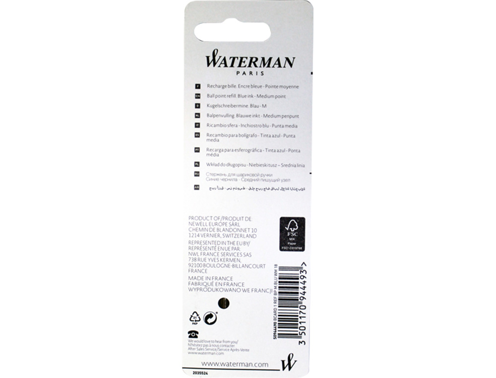 RECAMBIO BOLIGRAFO WATERMAN STANDAR MAXIMA 53426 AZUL