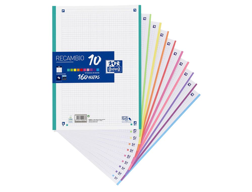 RECAMBIO COLOR OXFORD A4 160 HOJAS 90 GR OPTIK PAPER CUADRO 5 MM 4 TALADROS BANDA 10 COLORES