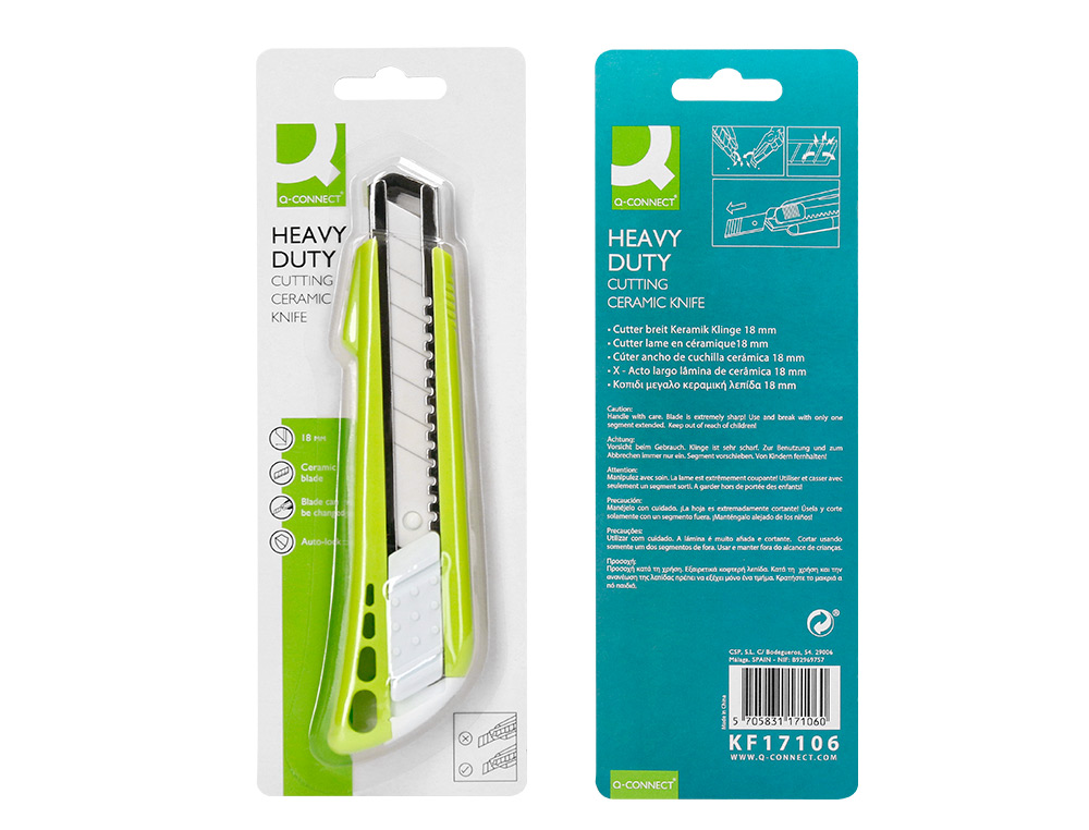 CUTER Q-CONNECT PLASTICO ANCHO CON GUIA METALICA CUCHILLA CERAMICA 18 MM XD-43 BLISTER 1 UNIDAD
