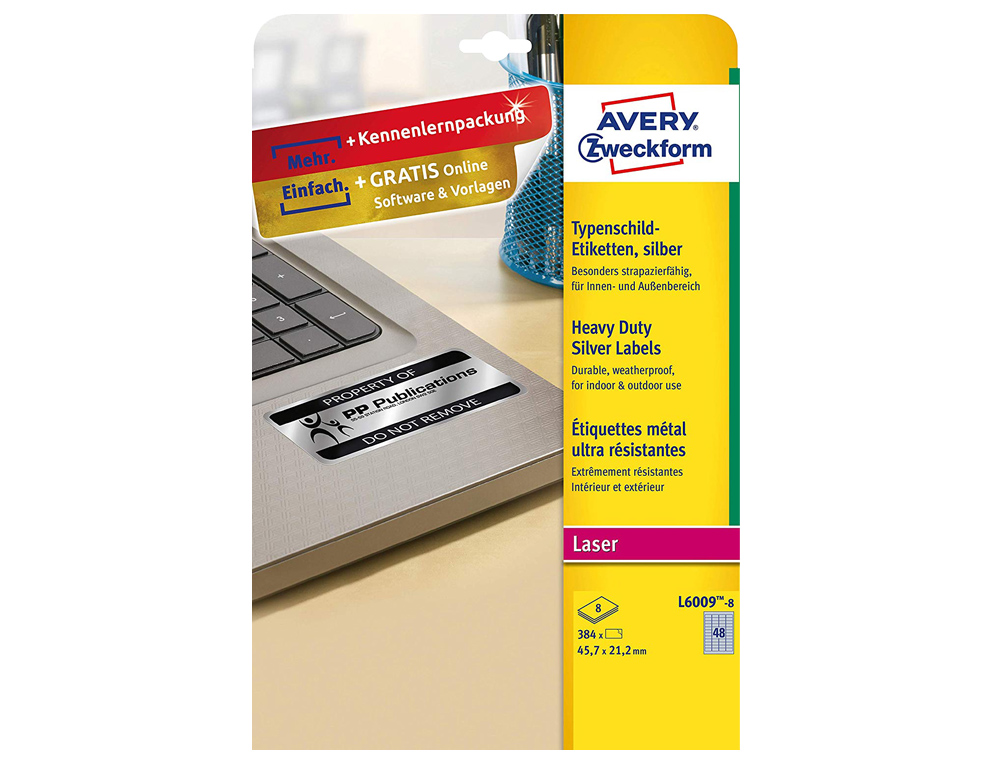 ETIQUETA ADHESIVA RESISTENTE AVERY POLIESTER PLATA 45,7X21,2 MM LASER PACK DE 8 UNIDADES