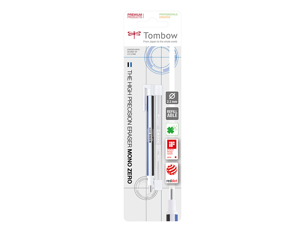 PORTAGOMAS TOMBOW MONO ZERO CON CLIP GOMA REDONDA 2,3 MM DIAMETRO COLOR AZUL BLANCO Y NEGRO