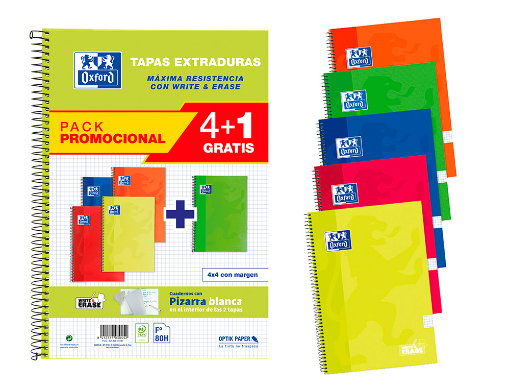 CUADERNO ESPIRAL OXFORD TAPA EXTRADURA FOLIO 80 HOJAS CUADRO 4 MM CON PIZARRA BLANCAPACK 4+1 COLORES CLASICOS