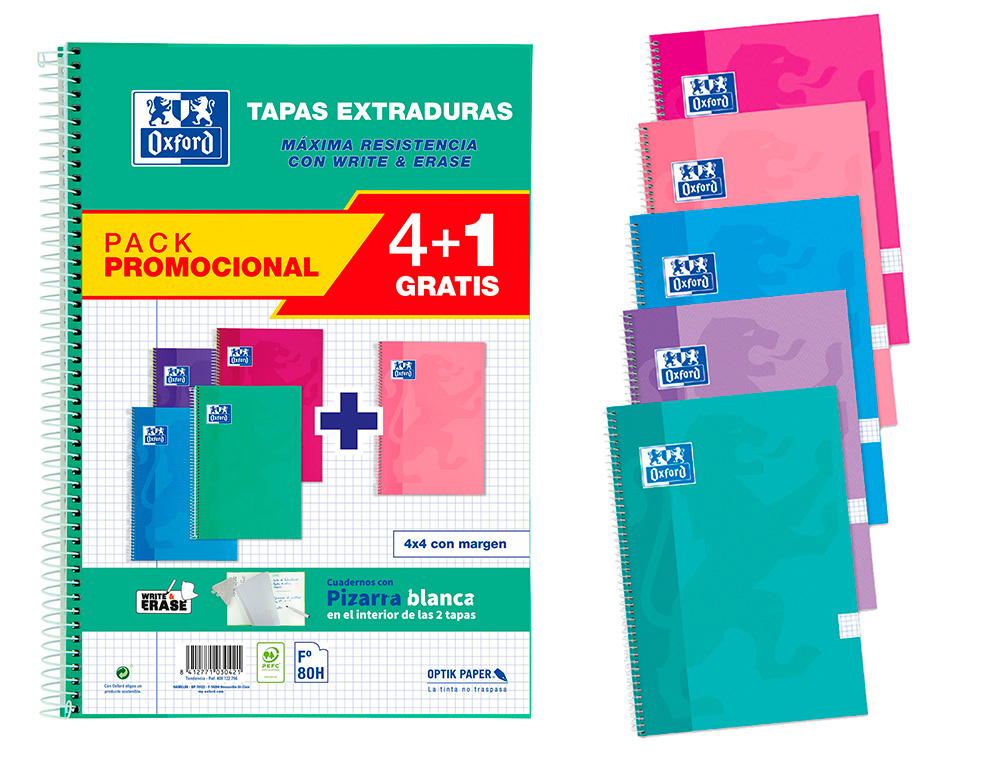CUADERNO ESPIRAL OXFORD TAPA EXTRADURA FOLIO 80 HOJAS CUADRO 4 MM CON PIZARRA BLANCAPACK 4+1 COLORES TENDENCIA