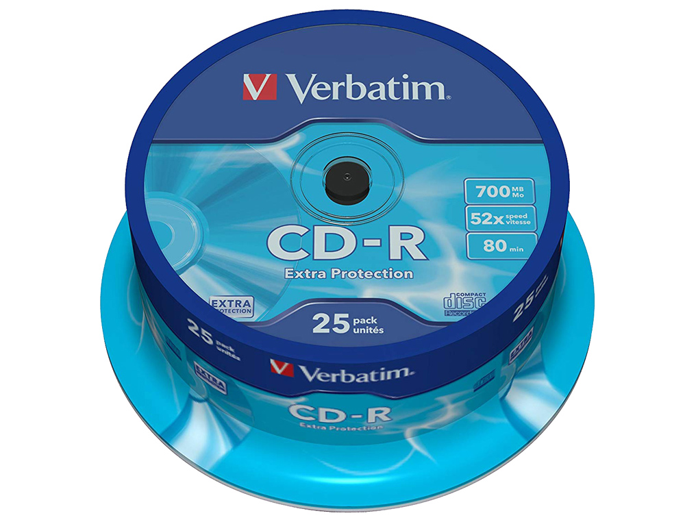CD-R VERBATIM CAPACIDAD 700MB VELOCIDAD 52X 80 MIN TARRINA DE 25 UNIDADES